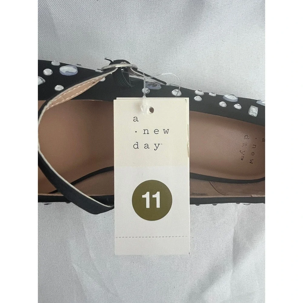 A New Day Women Black Rhinestone Crystal Mary Jane Pointed Toe Flats Size 11 NEW